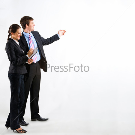 Portrait of business people standing on a white background