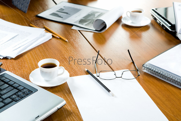 Closeup Of Business Objects: Papers, Pencils, Two Cups Of Coffee, Glasses And Pa