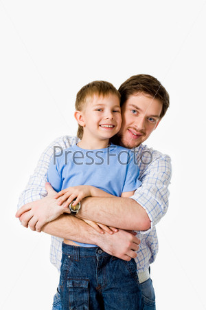 Portrait of father hugging her son with happy smile