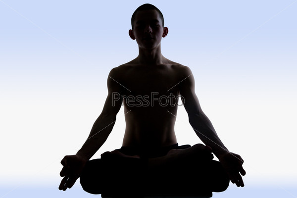 Image of man doing yoga on a blue background