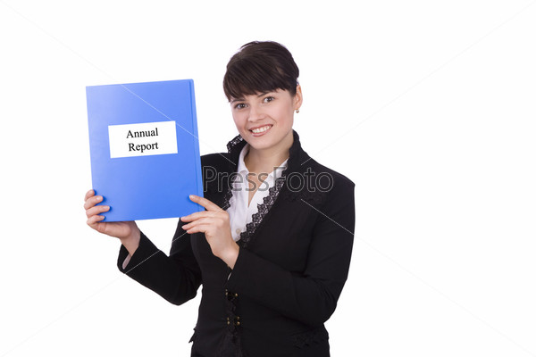 Happy successful business woman is annual report. Brunette\
businesswoman dressed in black suit with yearly report. Isolated\
over white background.