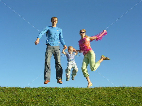 fly happy family on blue sky