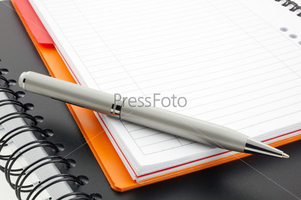 silver pen and two paper notebooks: orange and black