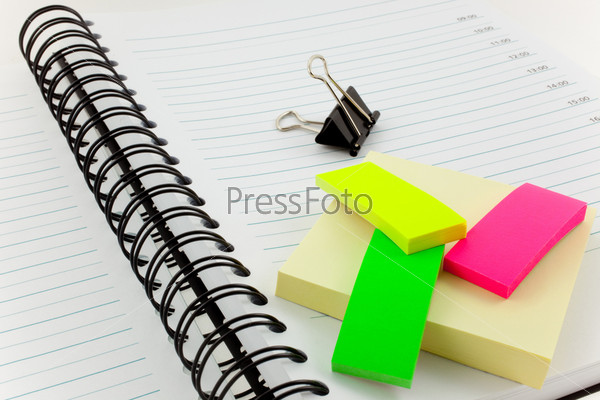 personal organizer, post-its and steel clip