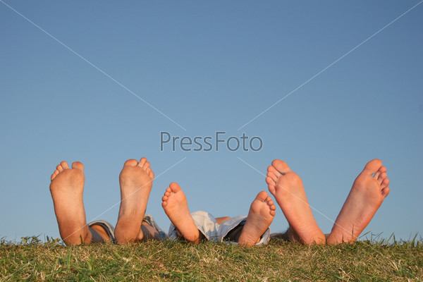 family legs on grass