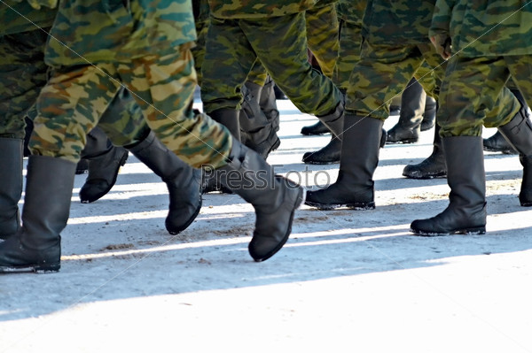 Russian soldiers in line in winter, stock photo