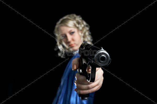 Woman with weapon on black background, stock photo