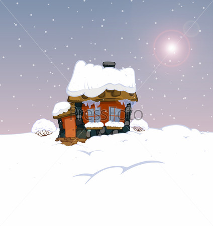 Cartoon house under the carpet of snow