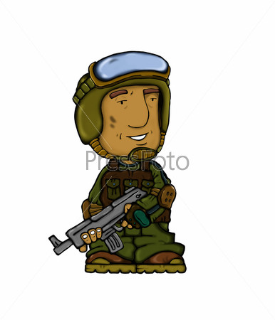 Do not forget about the soldiers, who defend the honor of the country. Cartoon image isolated on white / Armed warrior