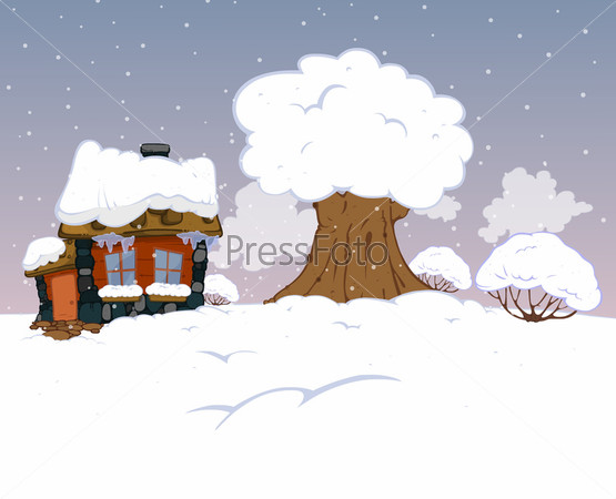 Cartoon house under the carpet of snow near the big old tree