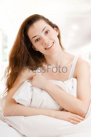 beauty girl in bed, just wake up