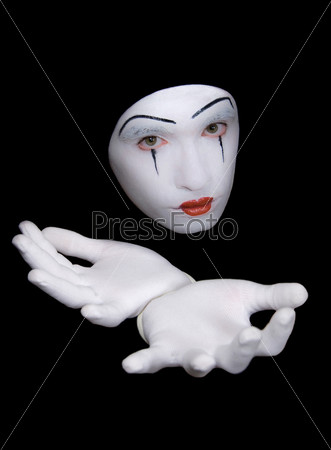 mime in white gloves on black background