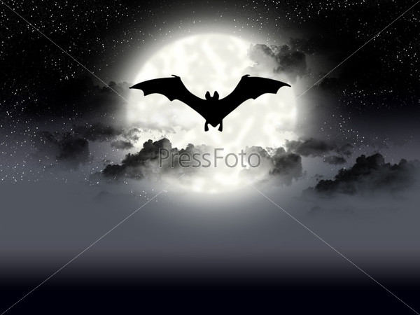Flight bat on background of the full moon