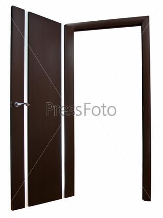 Wide open wooden door isolated on white background