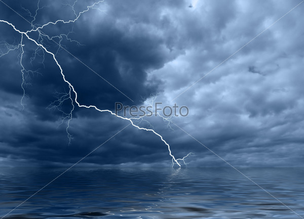 Ocean dark blue landscape with thunderstorm lightning