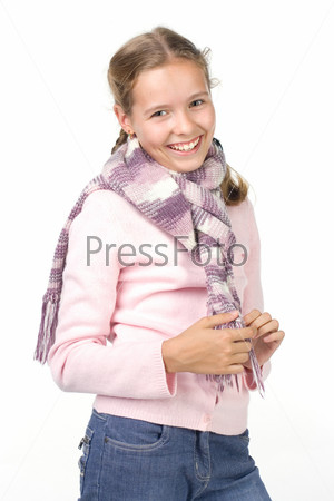 Cheerful girl in a pink blouse with a scarf