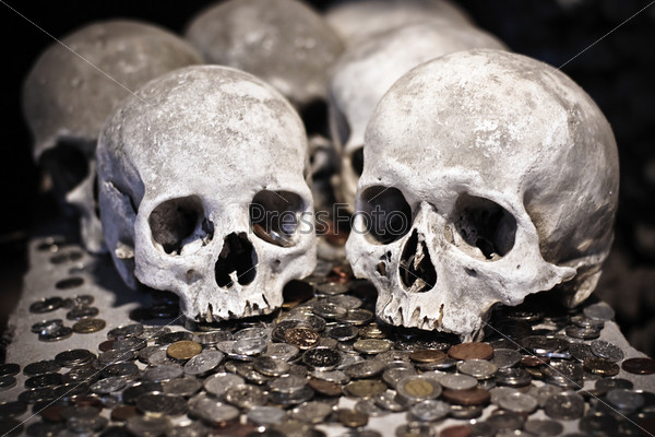 Frontal view of the skulls in Sedlec Ossuary, Czech Republic, stock photo