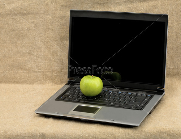 Laptop and green apple on the textile background