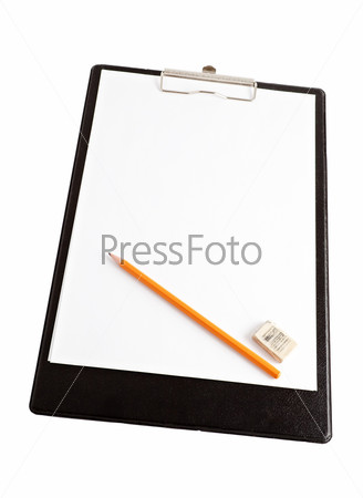 Plastic Clipboard with metal clip. Pencil and rubber on it. Isolated on white.