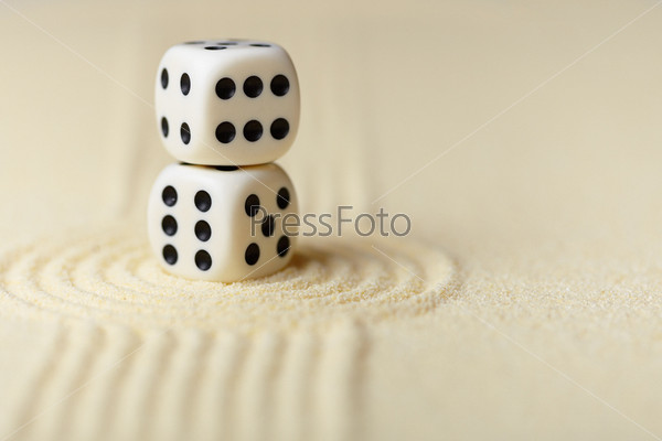 Two white dice with black dots in Japanese rock-garden
