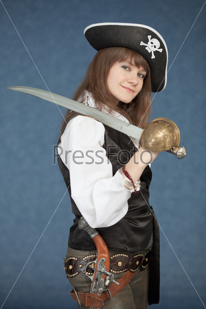 The sea pirate of a female with a sabre on a blue background