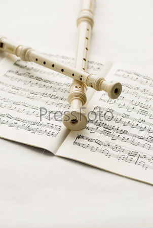 Two block-flutes placed over textbook with musical notes.