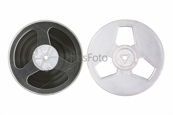 Two plastic reels isolated over white. One with magnetic tape, the other without it.