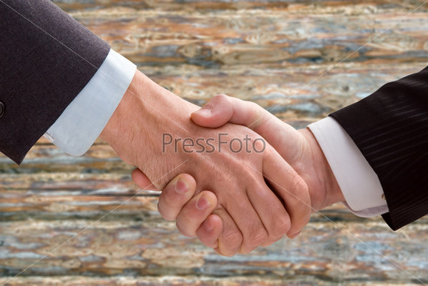 Two business men shaking hands on a background of a wooden wall