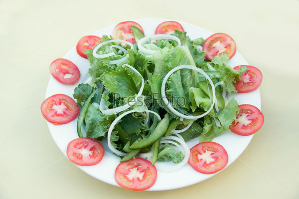fresh and tasty salad from tomatoes and onion with sheets of the cabbage