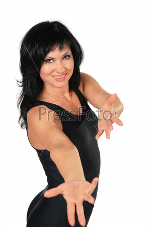 brunette fitness woman with inviting hands