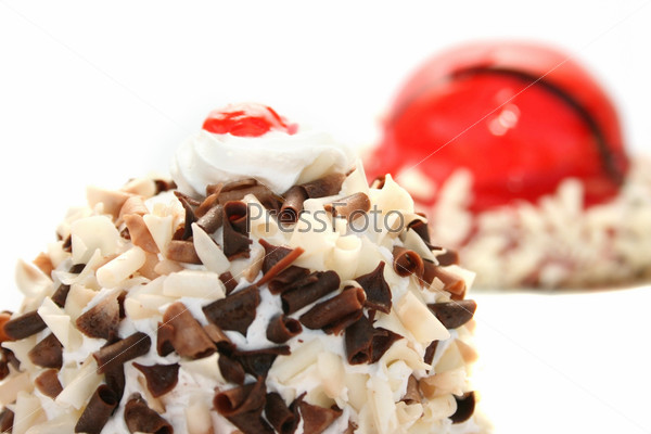 Chocolate and strawberry cakes isolated on white background.