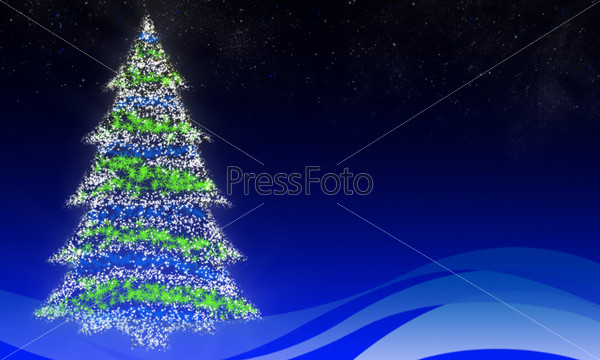 Glowing Christmas tree in the background of magic sky with stars. There is a place for text
