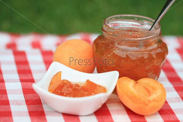Jar of apricot jam and some apricots on the napkin