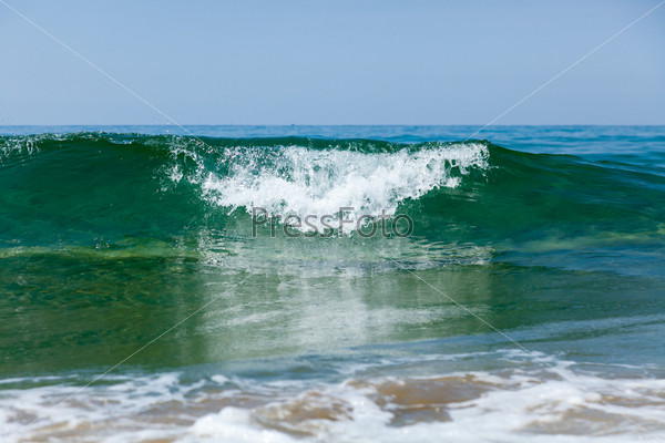 Foam coastal wave rolled on the sandy shore