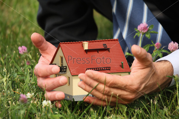 Man\'s hands holding house miniature, grass, clover flowers collage