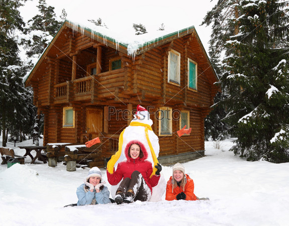 three girls with snowman and winter house collage