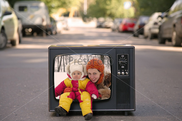 mother and baby are in the old television set collage