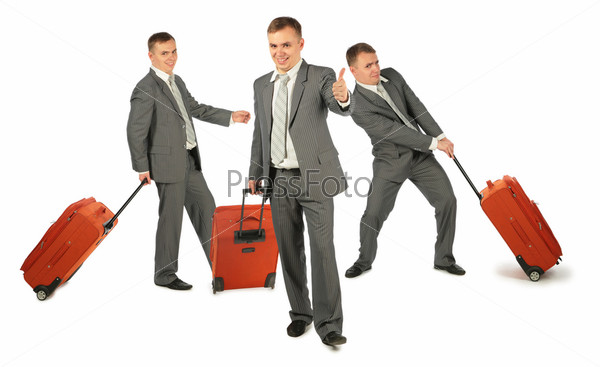 Three businessmen with luggage on white background, collage