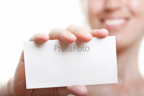 Human hand holding white empty blank business card