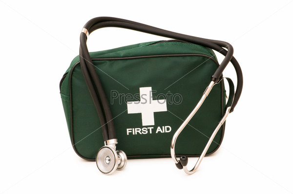 First aid kit and stethoscope isolated on the white, stock photo