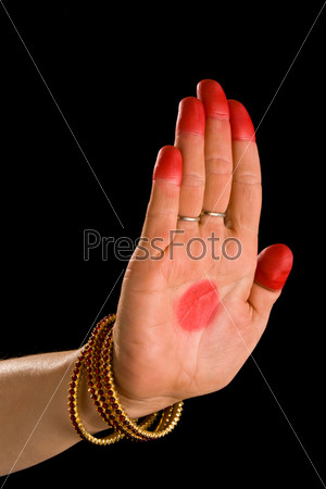 Woman hand showing Pataka hasta (meaning flag) of indian traditional dance bharata natyam