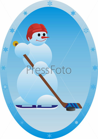 Winter sport. Snowman athlete.Hockey player.