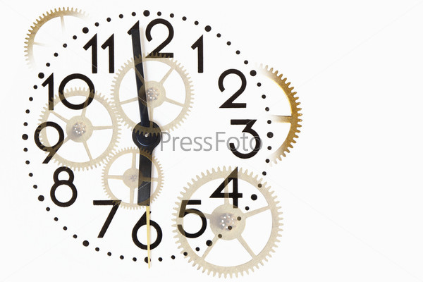 Closeup of clock dial and gears on white background with copy space