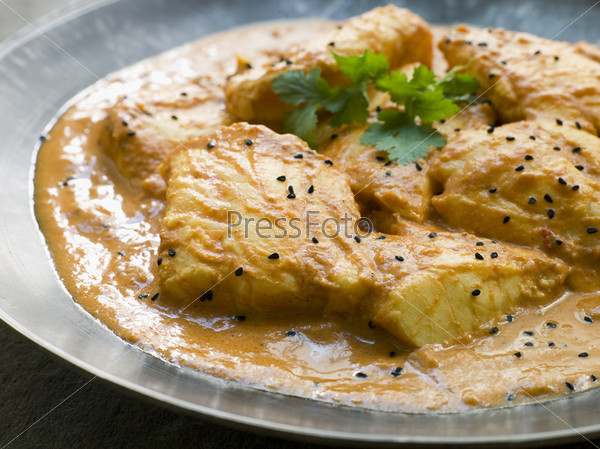 White Fish Molee on a Pewter Plate with Nigella Seeds and coriander decoration