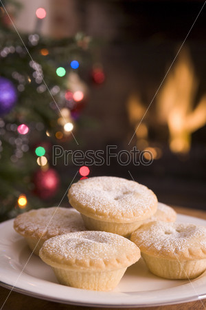 Plate of Mince Pies Log Fire and Christmas Tree