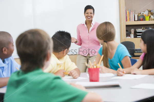 Elementary school classroom with teacher