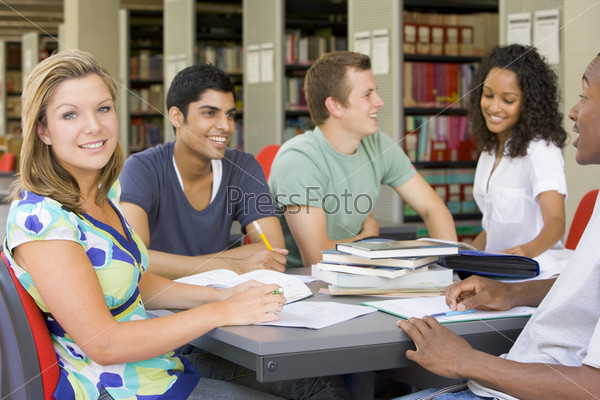Five people in library studying (selective focus)