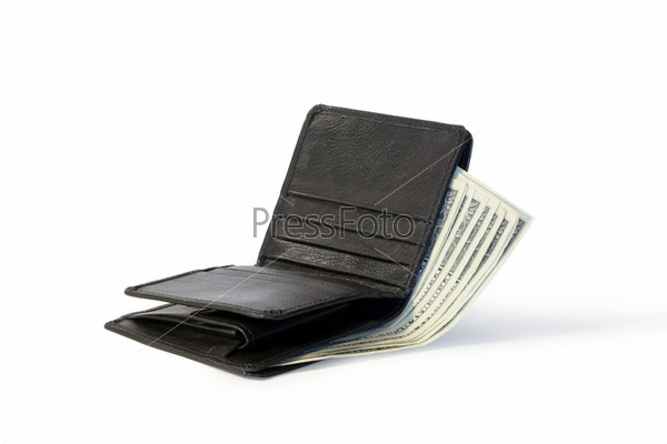 One dollar bank notes inside modern purse. Isolated on white with clipping path, stock photo