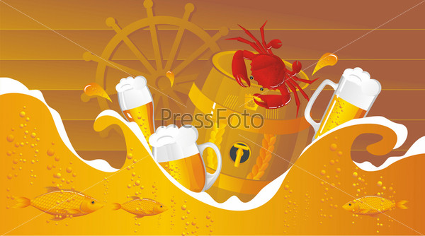 The beer sea with beer kegs, beer mugs and seafood in sea style, stock photo