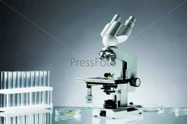 Image of different glassware and microscope on workplace in laboratory